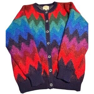Vintage Jeanne Pierre Mohair Wool Cardigan Womens Medium Multicolor 90s Zigzag